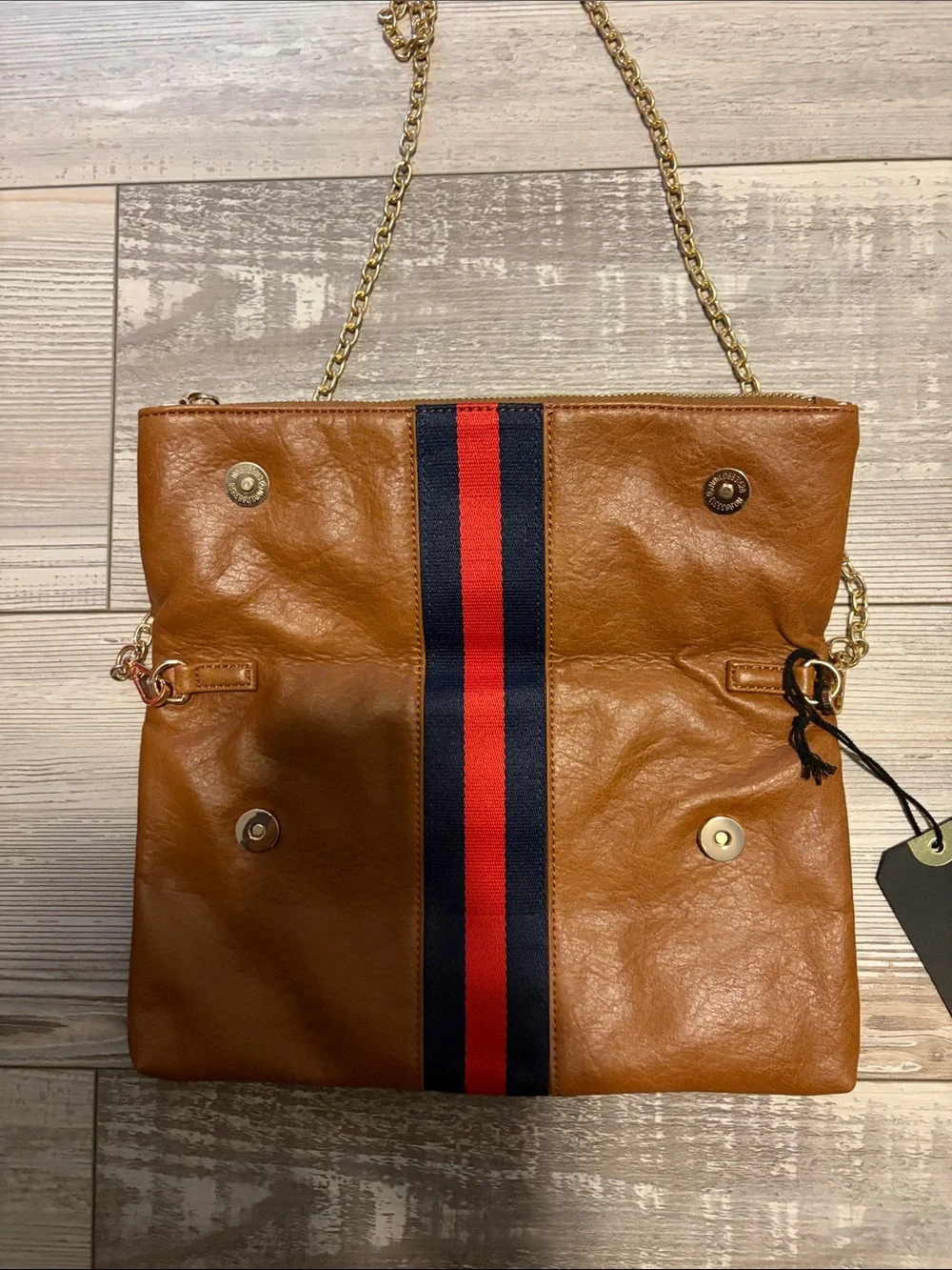 Moda Luxe Jules Clutch Tan with Red & Navy Center Stripe NWT